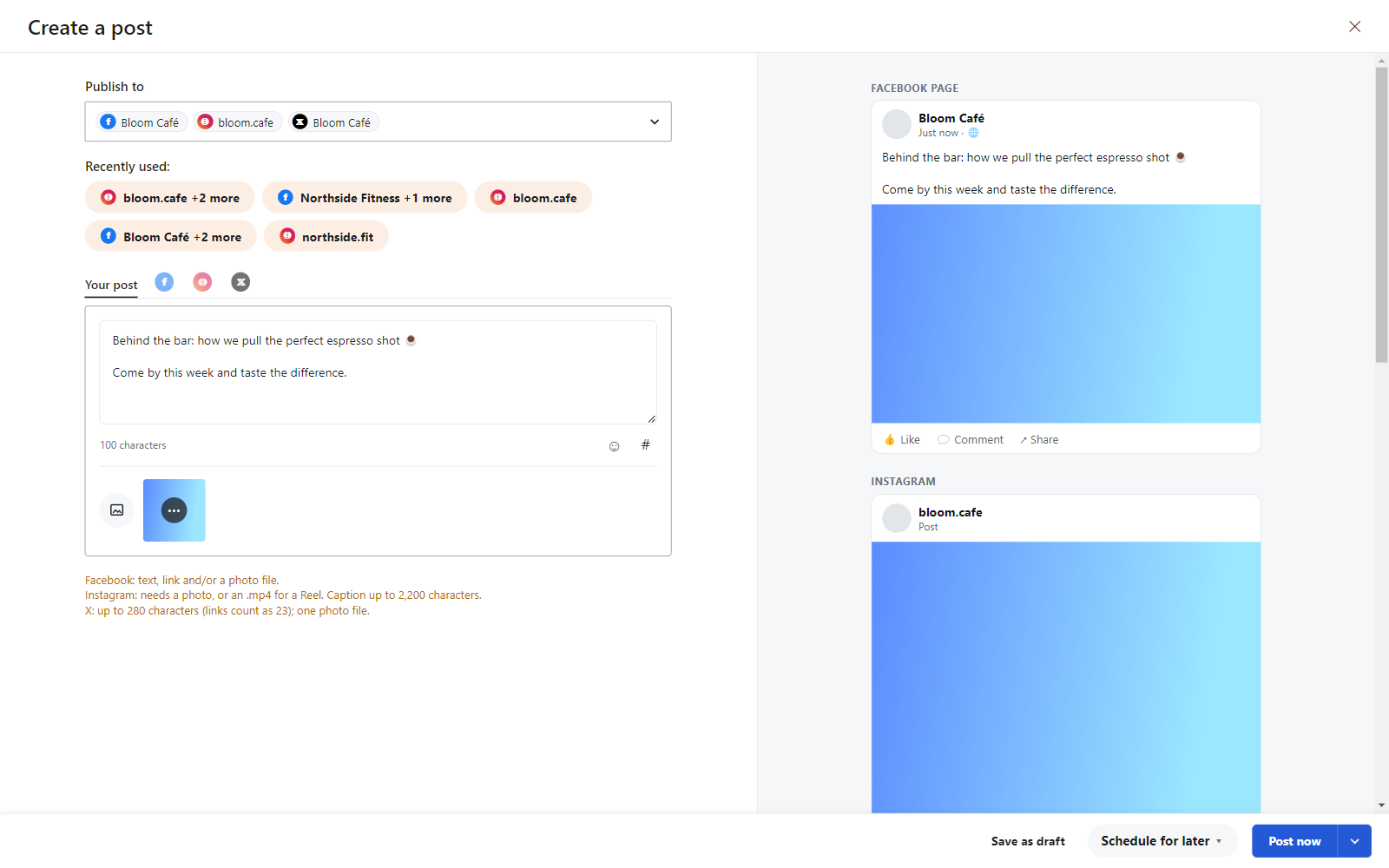 The eHelp post composer with previews for Facebook, Instagram and X