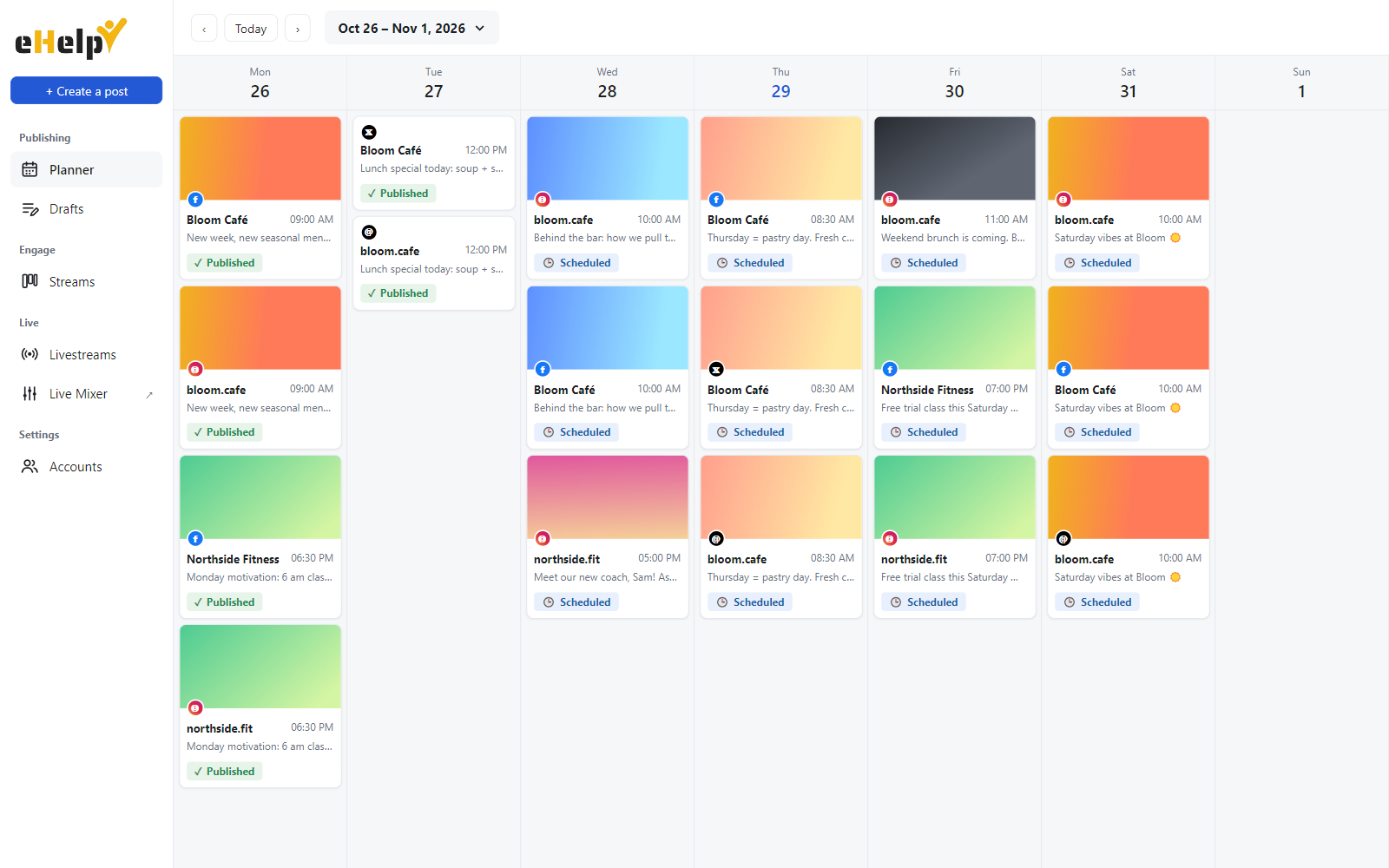 The eHelp planner showing a week of scheduled posts for several social accounts